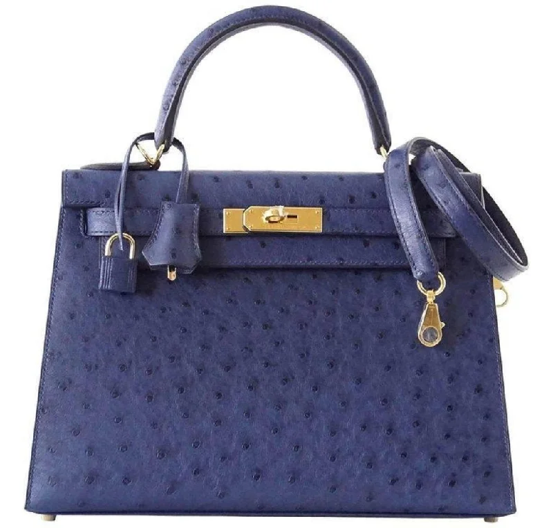 Hermès Kelly Bags with a two - tone leather design for visual interestHermès Kelly Sellier 28 Blue Iris Ostrich Bag