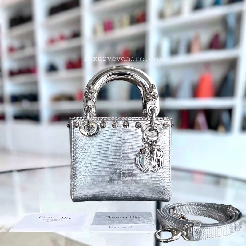 Christian Dior bags with a zip - top closure and multiple compartments*Rare, Exotic* Lady Mini Metallic Lizard Leather Silver Hardware Adjustable Strap