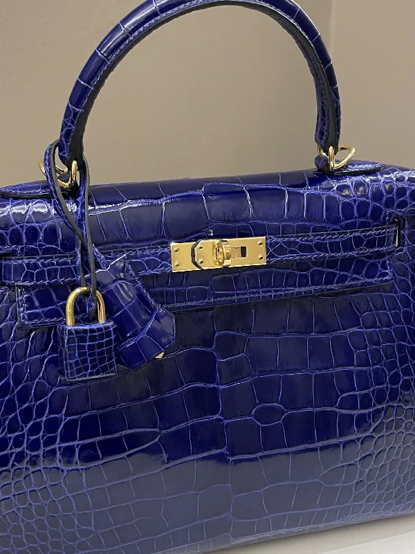 Large - sized Hermès Kelly Bags in Box calf leather for a smooth finishHermes Kelly Sellier 25 Bleu Croc